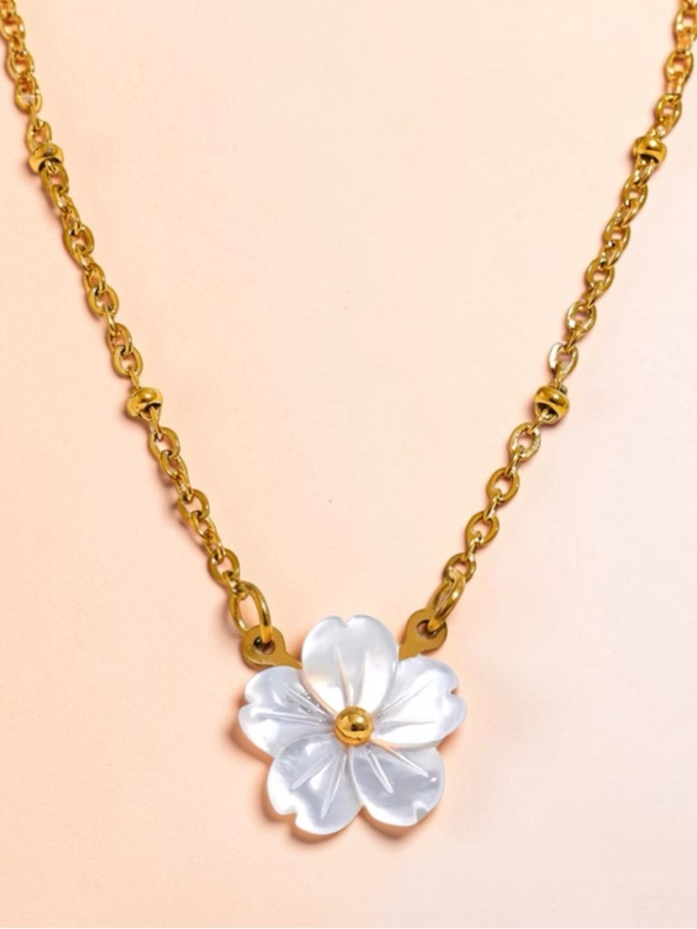 Gold Chain Necklace with White Flower Pendant by